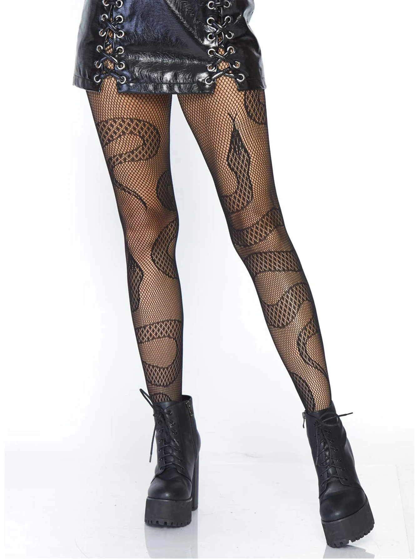1pair Black Snake Print Fishnet Stockings Tights