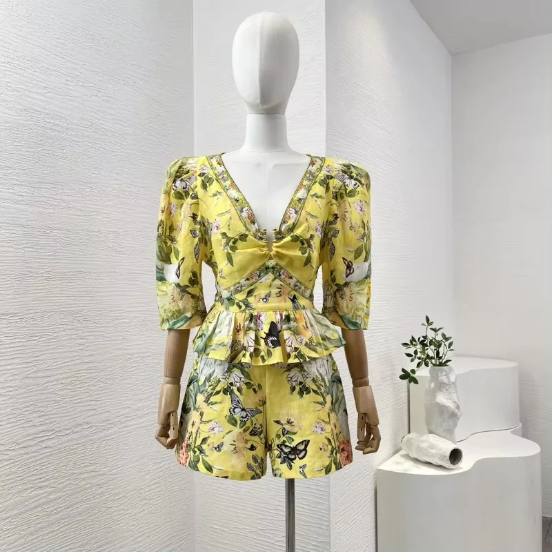 Women's Yellow Linen Floral Print High Quality V-neck Pullover Blouse and Elastic Wasit Side Zipper Shorts Set Holiday Style