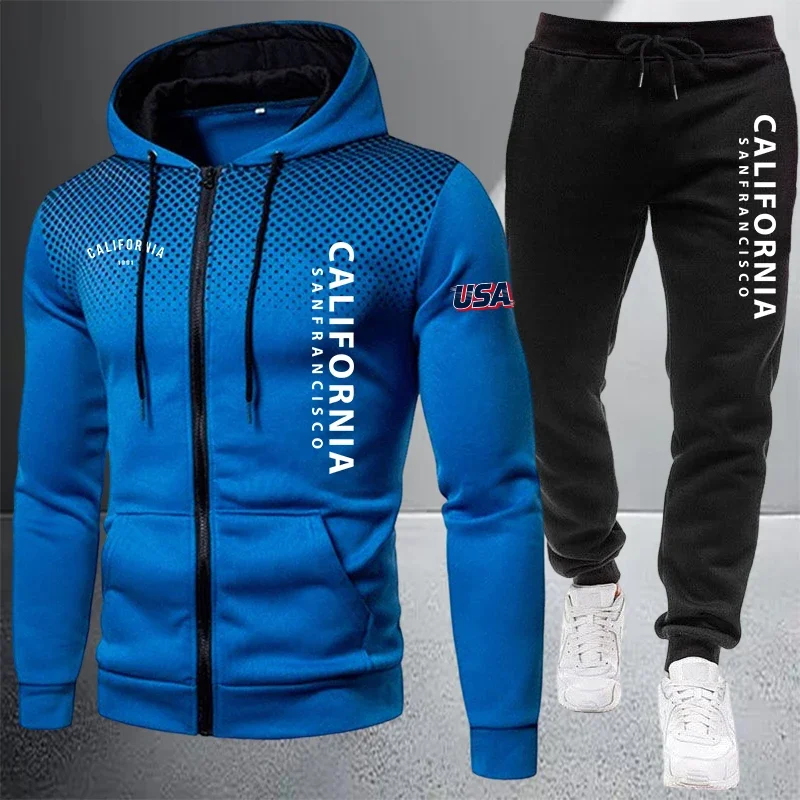 Hot Sales Men's Jacket Tracksuit Printed Zipper Hooded Sweatshirt Dot Coat Autumn Winter Sports Clothes Casual Single Tops Pants view 5