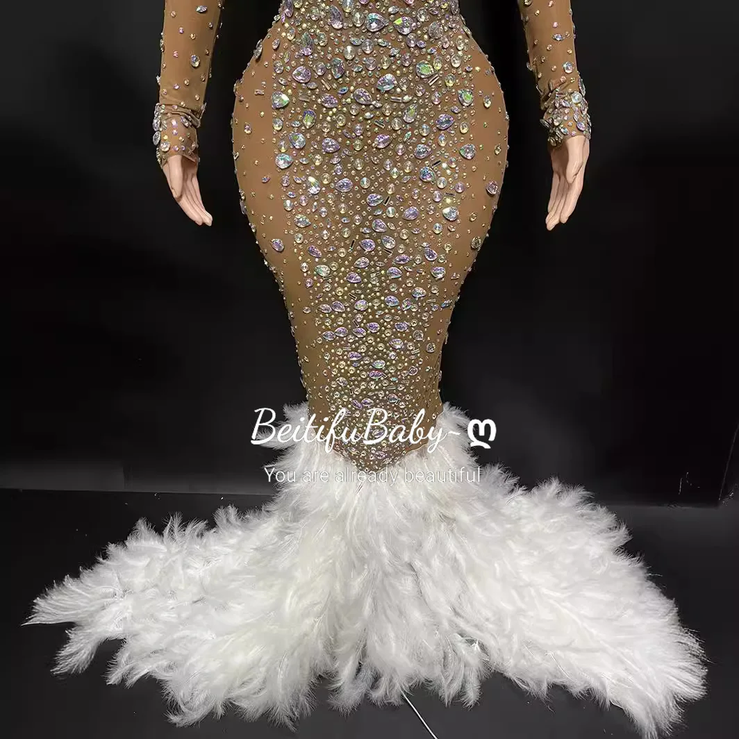 BeitifuBaby Evening Dresses for Women 2024 Brown White Feather Trailing Shiny Diamond Backless Elegant Long Sleeved Party Dress