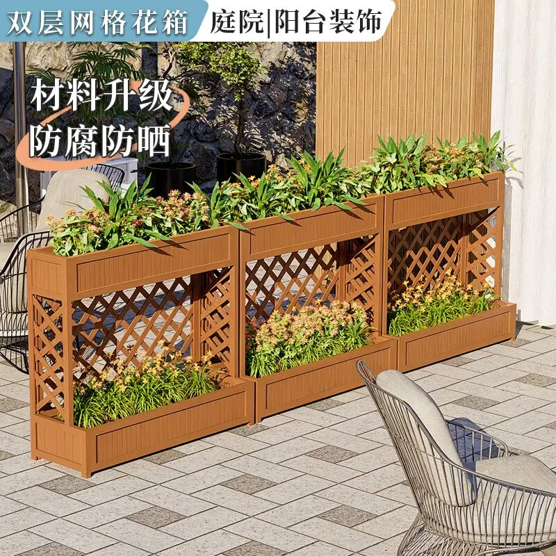 Deng's outdoor preservative wood flower box balcony grid enclosure flower pot outdoor planting box solid wood flower