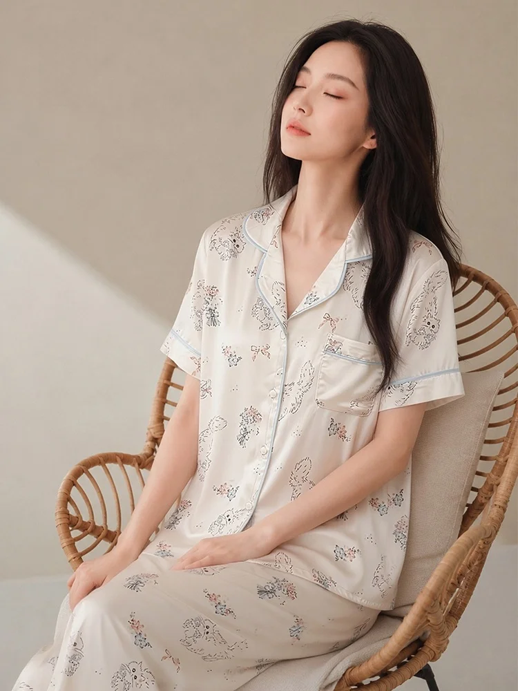 Pinkbread Ice Silk Ladies Sleepwear Summer Cool Feeling Short Sleeve Long Pants Home Clothes Set Cartoon Cute Style Loose Fit