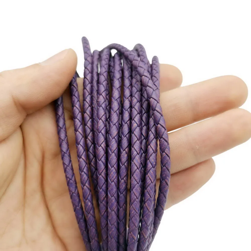 4mm Distressed Purple  Braided Leather Cords Woven Folded Genuine Leather Strap Jewelry Making Bolos Tie