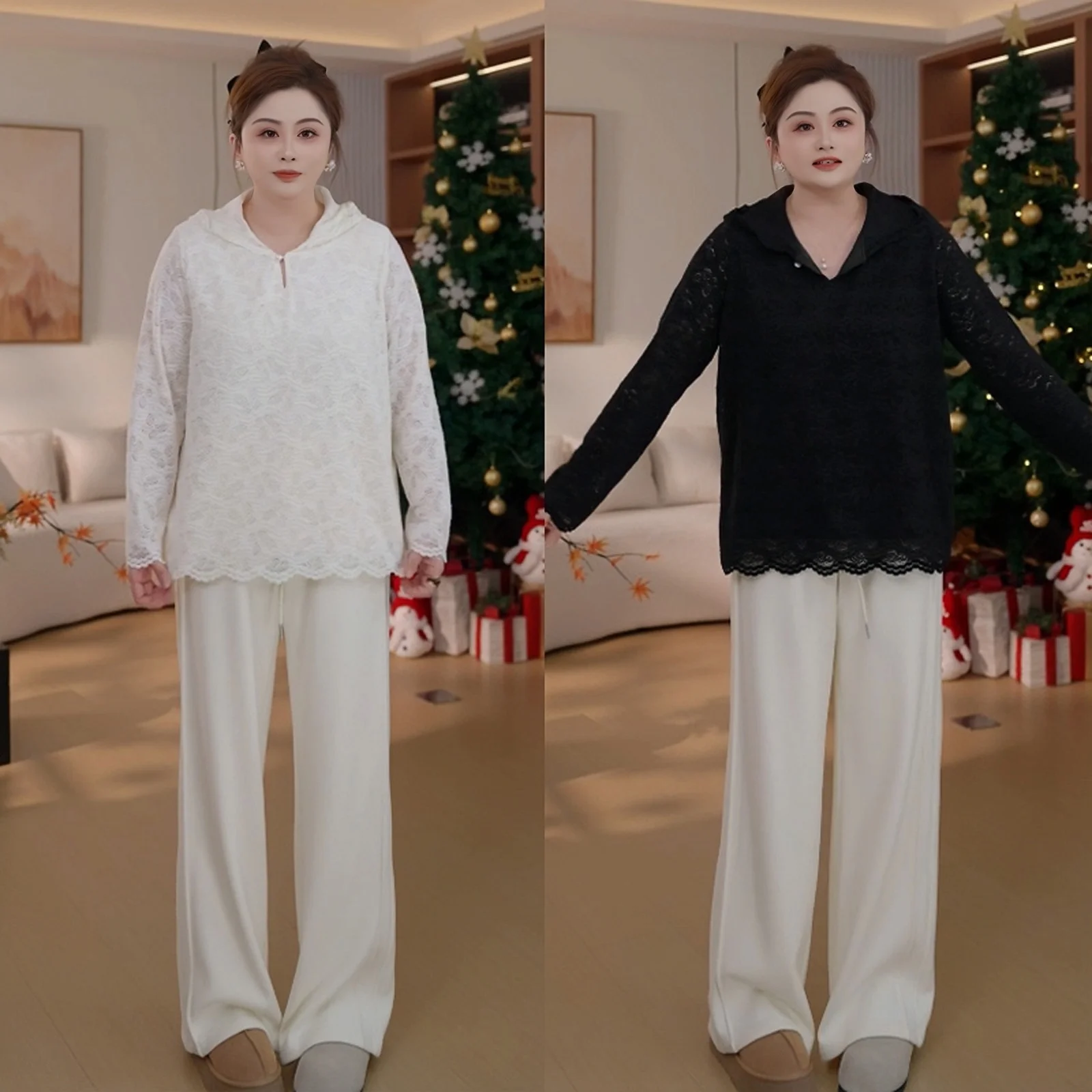 

Fat JiaJia Moonlight Sonata Thiened Floing Hooded Lace irt Winter New Sle Versatile Women's Top Casual Straight Cut L...