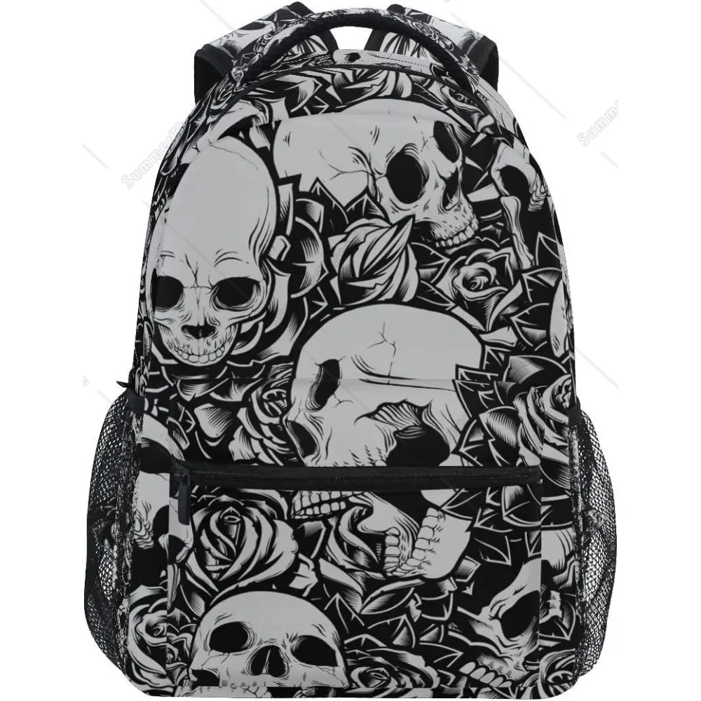 Floral Flower Sugar Skull Black and White Boys Girls School Computer Backpacks Book Bag Travel Hiking Camping Daypack