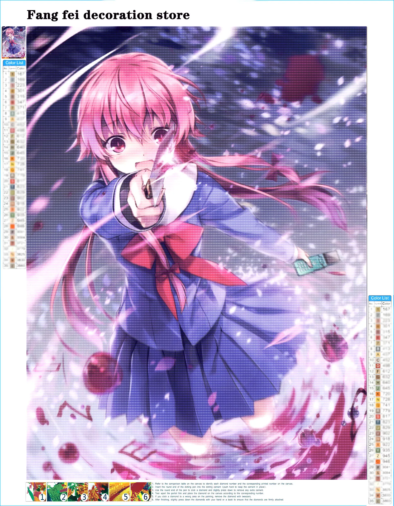 Full Drill Japanese Anime Future Diary Diamond Rhinestone Painting Mirai Nikki Cross Stitch Embroidered Picture Mosaic Home Deco