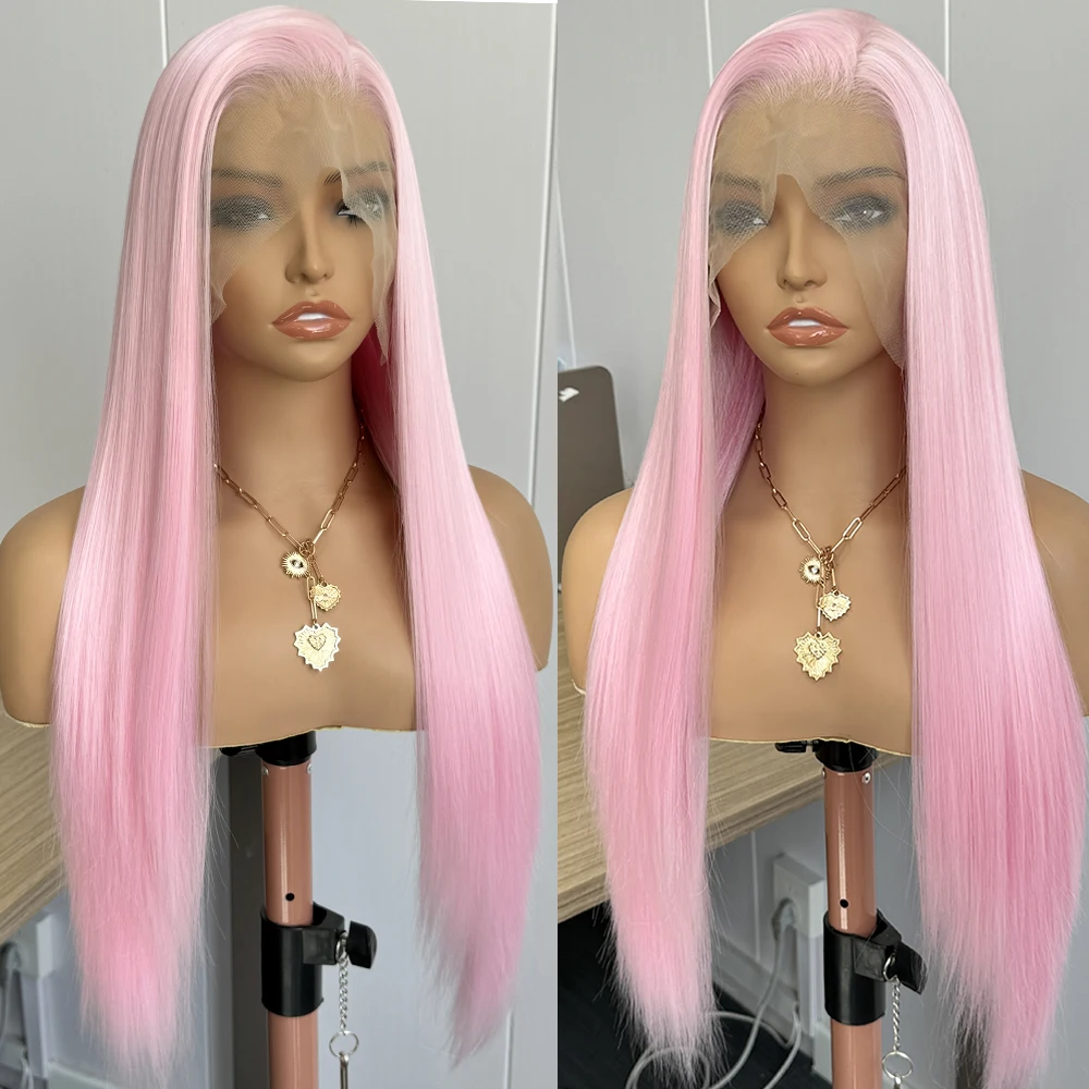 Pastel Pink Straight Synthetic Lace Wig Long Silk Straight Wig Frontal Lace Wigs for Women Cosplay Ready to Wear Light Pink Wig