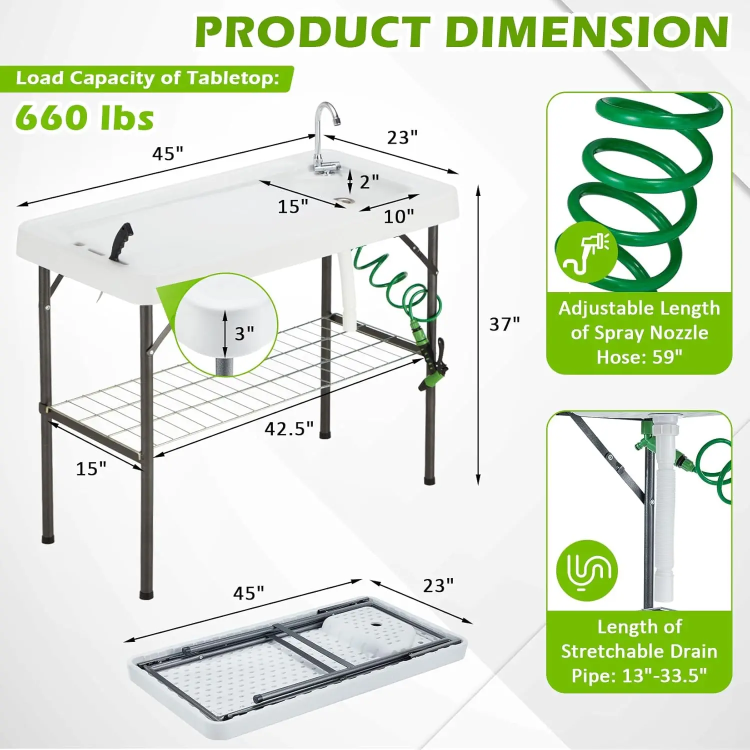 Mesa de limpieza con cubo plegable, estación de filete portátil para exteriores, mesa de fregadero para acampar con grifo, manguera de drenaje y pulverizador,