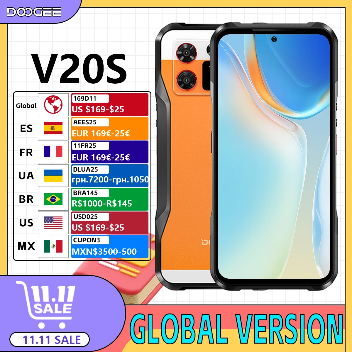 

DOOGEE V20S 5G Rugged Phone 12GB+256GB Dimensity 6020 Octa Core 1.58" AMOLED Rear Display 50MP 6000mAh 33W NFC Cellphone Android