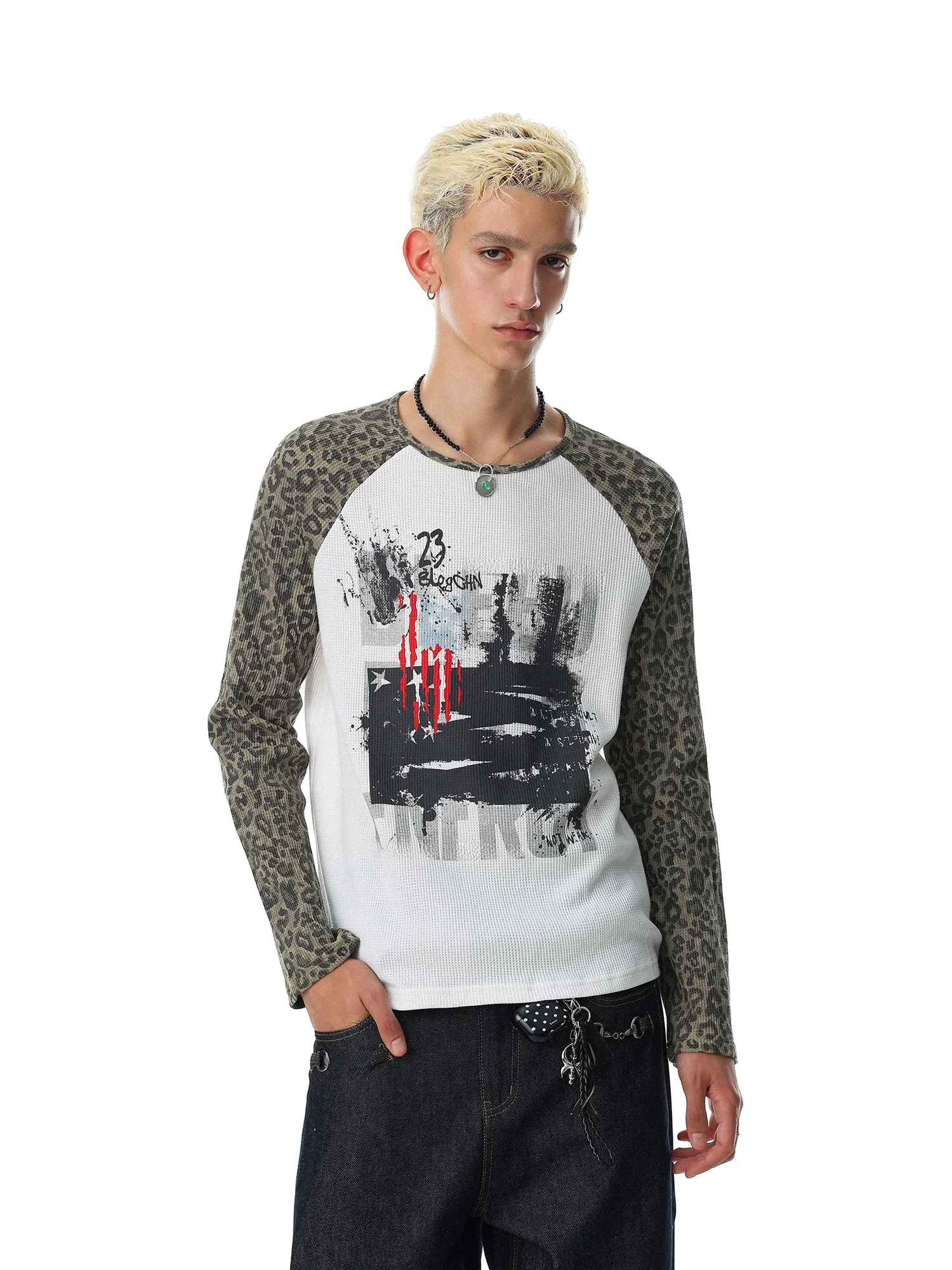 American Graffiti Style Long Sleeve T-Shirt Men's Patchwork Leopard Print Loose Design Sense Top Breathable Cotton Blend