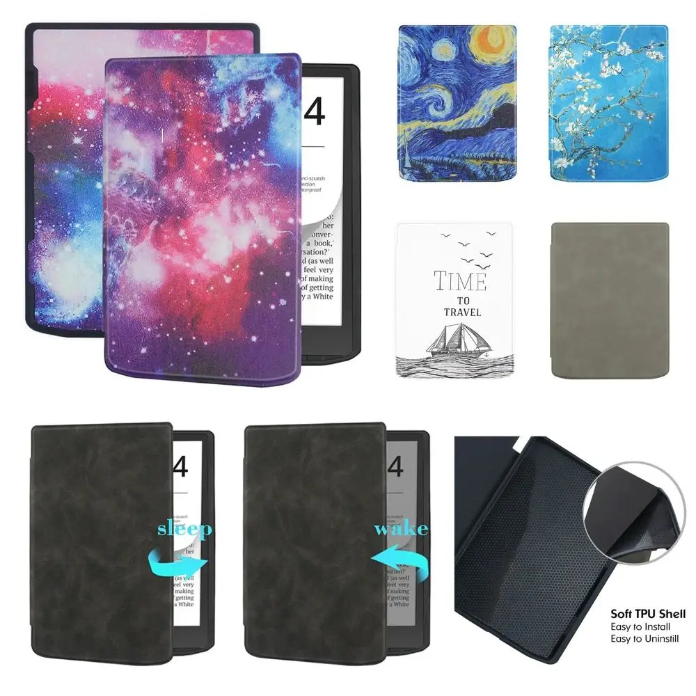 7.8 Inch E-Reader Case Auto Wake/Sleep Multi-folding Stand Protective Shell Anti Scratch PU Leather for PocketBook 743 InkPad 4