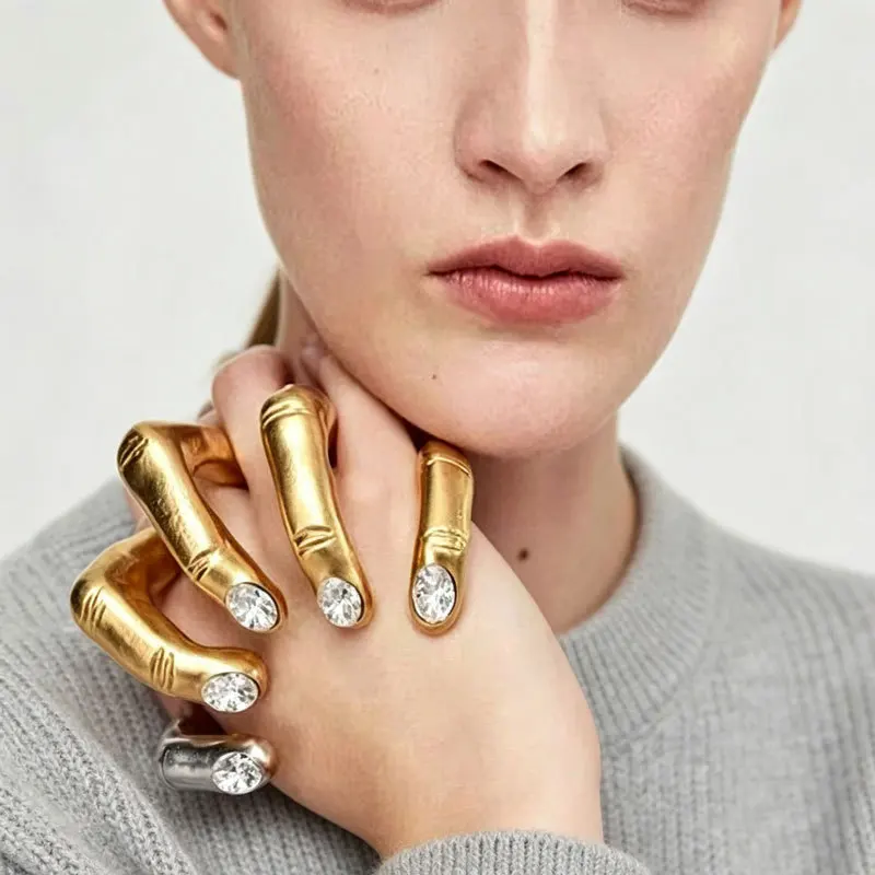 Abstract Branch Coral Shape Open Ring Gold Silver Plated Inlaid Round CZ Irregular Statement Ring Women Fashion Jewelry