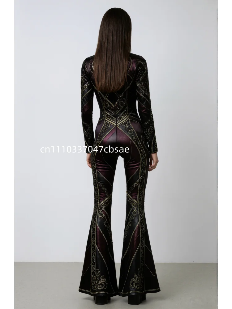 Damen Gold Strass-Print Dekor Jumpsuit Schlaghose Bodysuit Gothic Steampunk Halloween Cosplay Party Kostüm – Detail 7