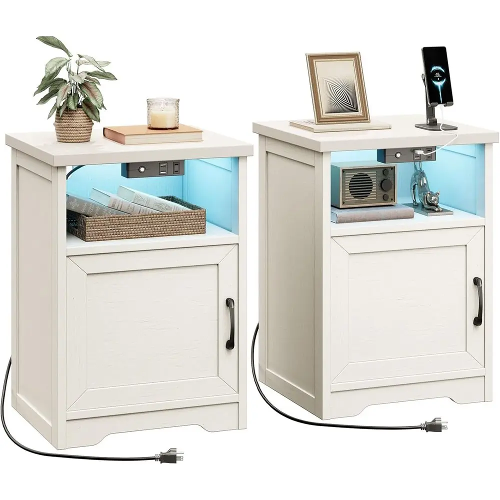 

Rustic White 2-Piece Nightstand Set with Charging Station, LED Lights, Storage, and Open Shelf
