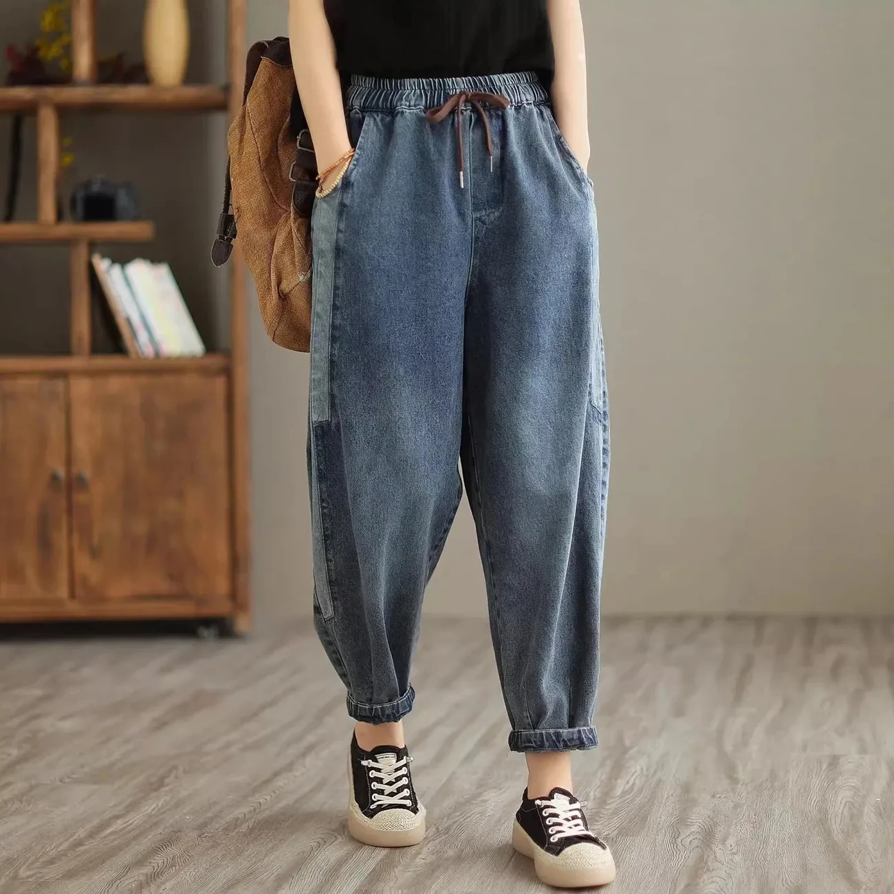 Elastic waistband tied Denim Harem Pants Women's Spring Autumn Loose Design sense patchwork Versatile Nine points Jeans  Female