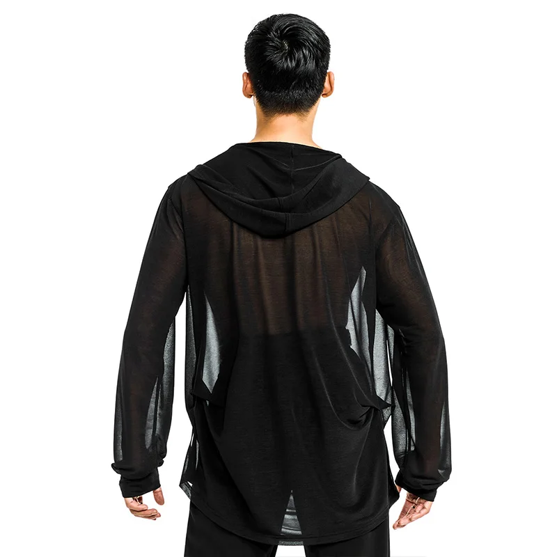 ใหม่ผู้ชายLatin Dance Tops Hoodedสีดําตาข่ายชายRumba Cha Chaเต้นรําเสื้อผ้าละตินเต้นรําสวมใส่DNV21873