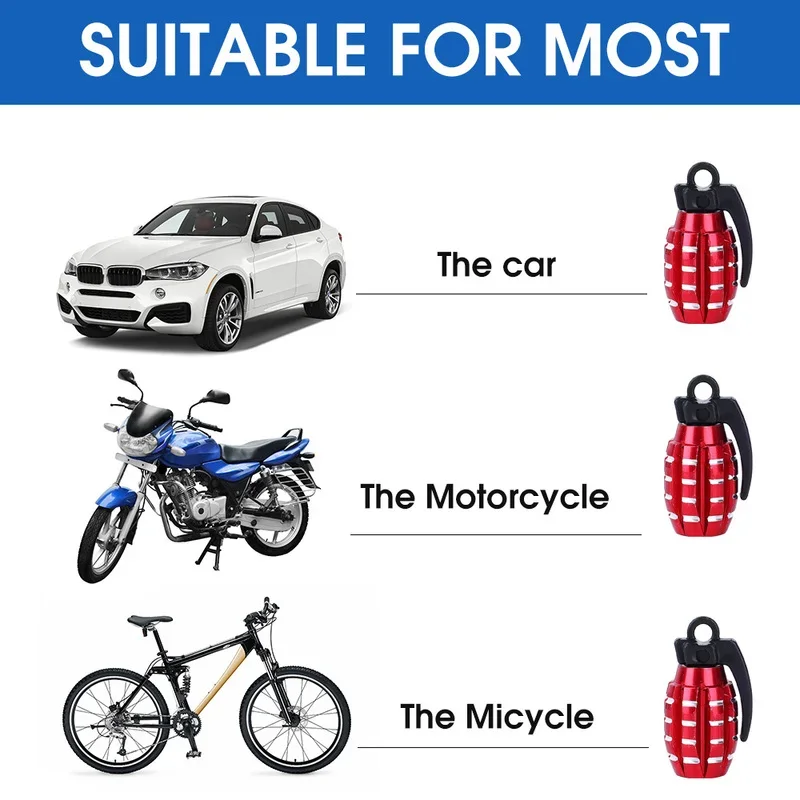 4pcs Fashion Car Tire Valve Caps Grenade Styling Alloy Metal D Ustproof Cap Motorcycles Bike Valve Nozzle Cover Tire Accessories