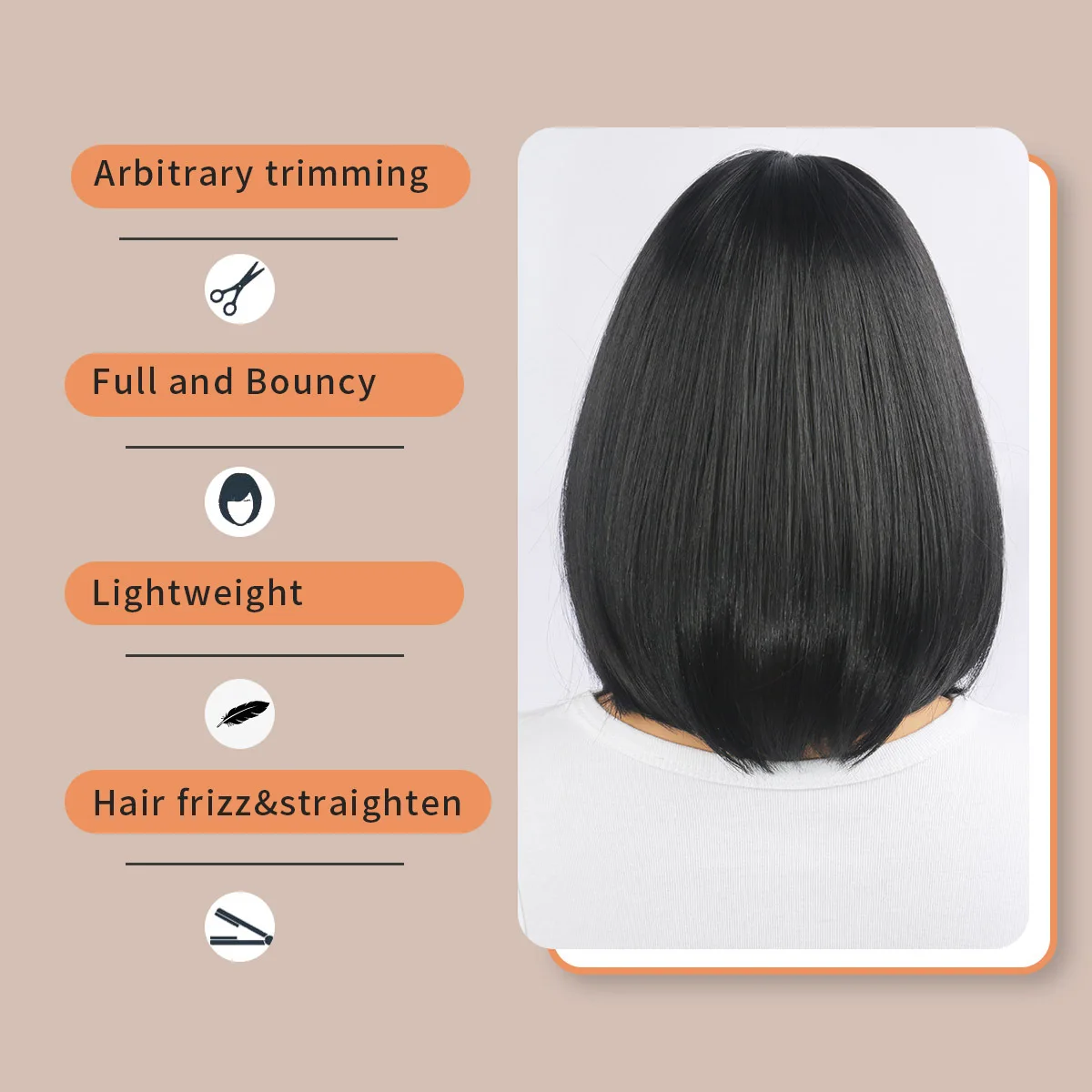 Peruca curta bob com franja 12 Polegada peruca de cabelo curto e reto para mulheres marrom preto perucas sintéticas para mulheres cosplay diário dia das bruxas
