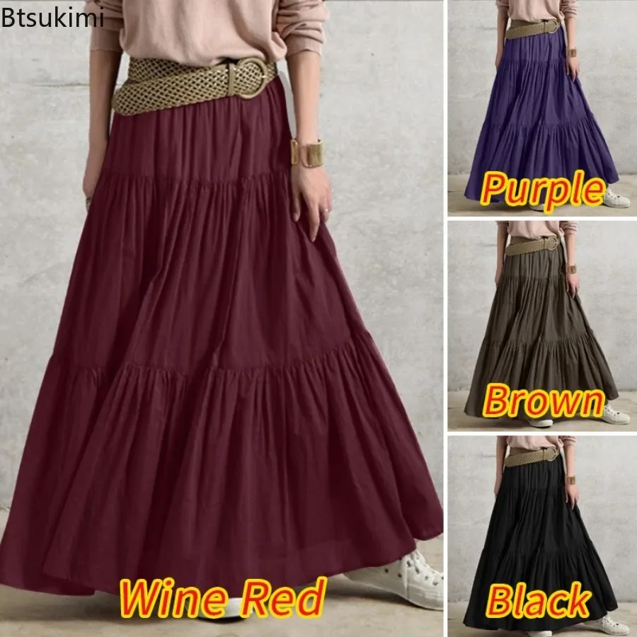 

2024 Fashion Pleated Vintage Skirts Women's Ruffles Hem Solid Casual Loose Dress Elastic Waist Long Skirt Oversize Women Bottoms