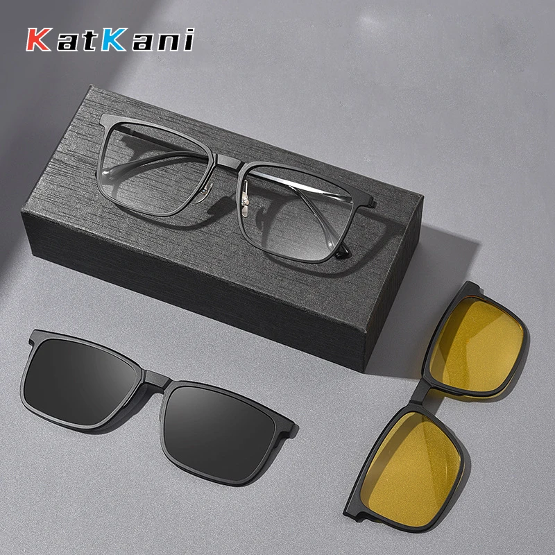 KatKani Ultra Light Pure Titanium Eyewear Magnetic Clip-on Glasses Polarized Sunglasses Optical Prescription Glasses Frame