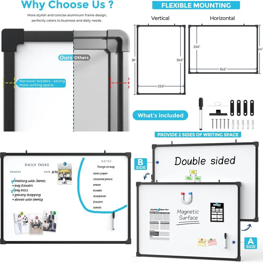 

36x24 Inch Double-Sided Whiteboard, Large Dry Erase Board with Black Morden e, Magnetic Surace, Proional Wall-Mountable White Bo