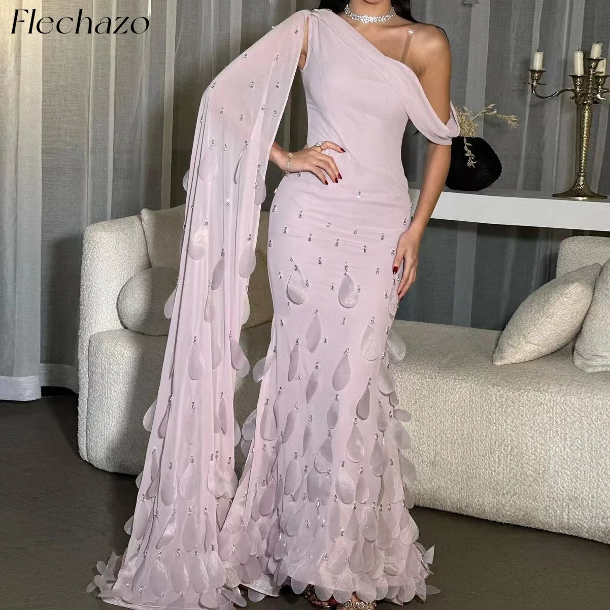 Flechazo Pink Chiffon Evening Dresses One Shoulder Beaded Leaves Formal Elegant Party Gown For Women 2024 vestidos para mujer