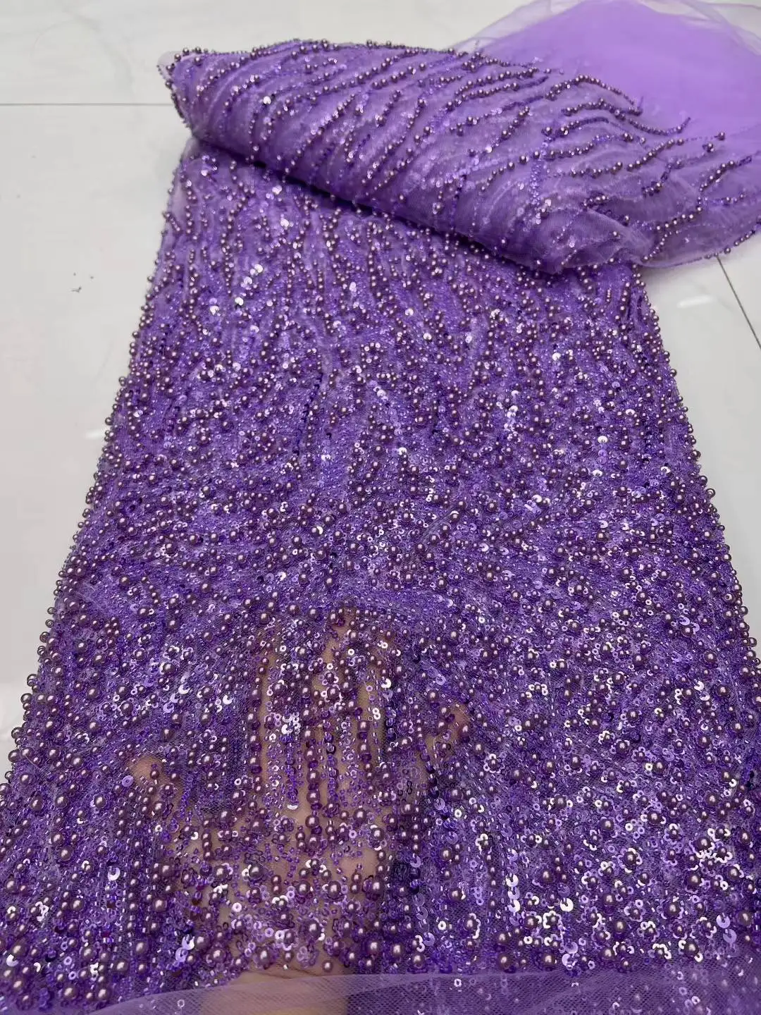 

2025 Luxury African High Quality Mesh Sequins Embroidery Beaded Tulle Nigerian Lace Fabrics For Bridal Material Wedding