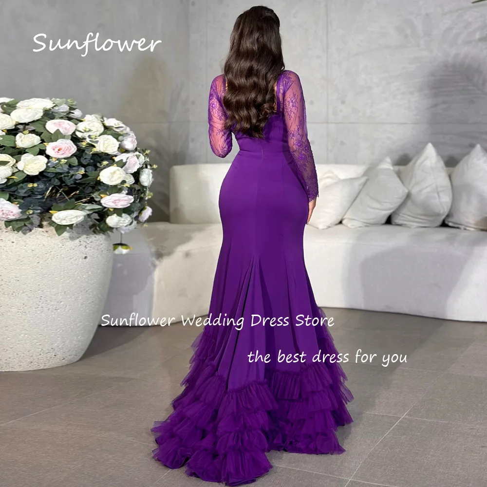 Sunflower Purple Sweetheart Crepe Prom dress 2024 Slim Lace Long Sleeve Evening Dress Zipper Up Tiered Mermaid Party Dress