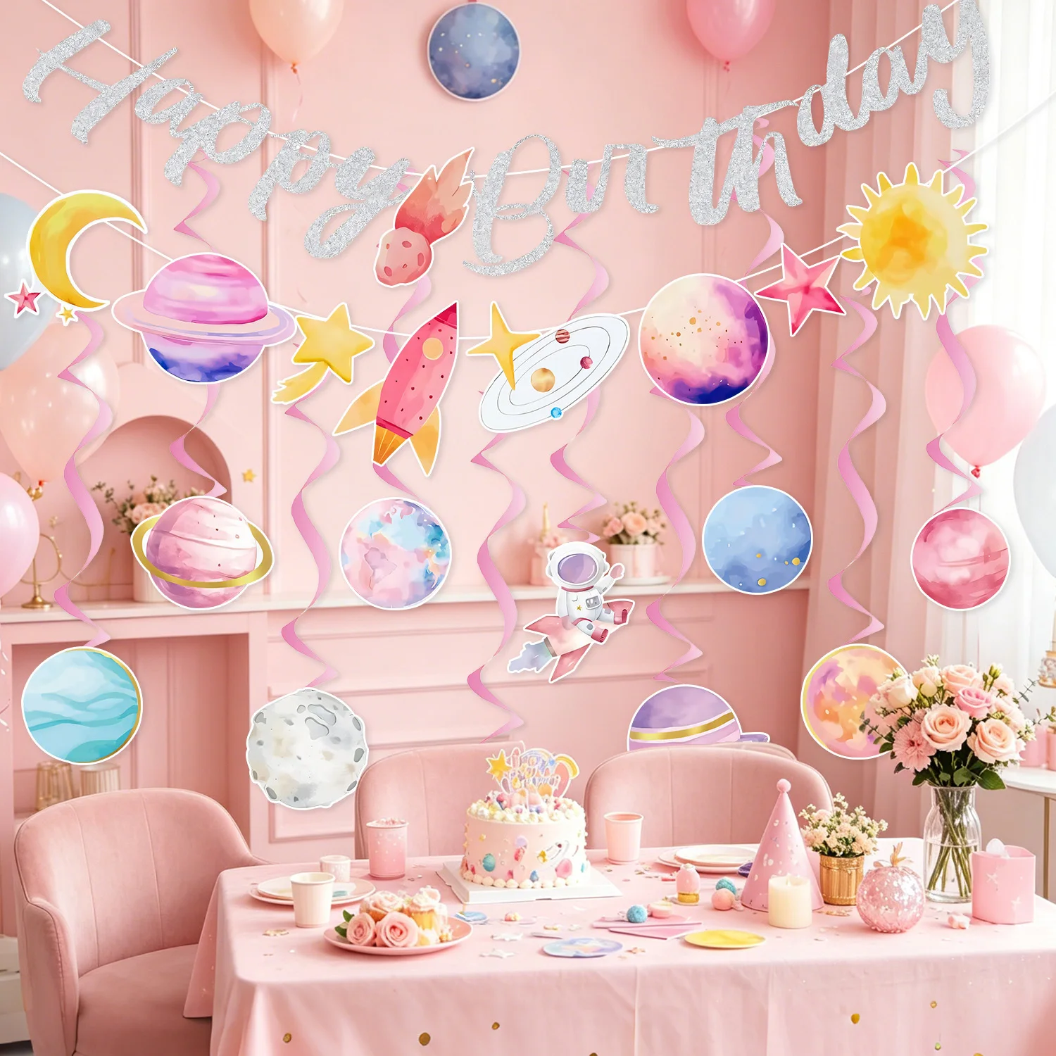 Pink Outer Space Birthday Banner Garland Planet Spaceship Astronaut Solar System Decoration for Girls Birthday Baby Shower Party