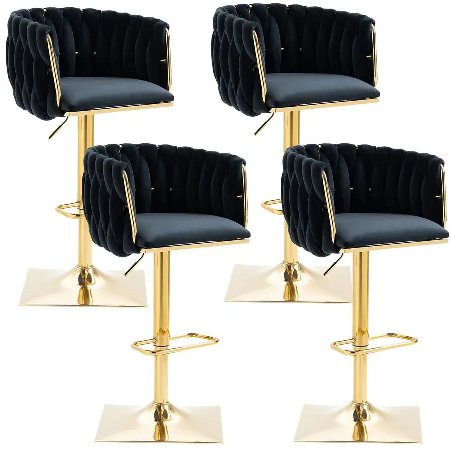 

Velvet Swivel Bar Stools Set of 4, Hand Woven Backrest, Comfy Adjustable Counter Height Barstools with Gold Square Base for Cou