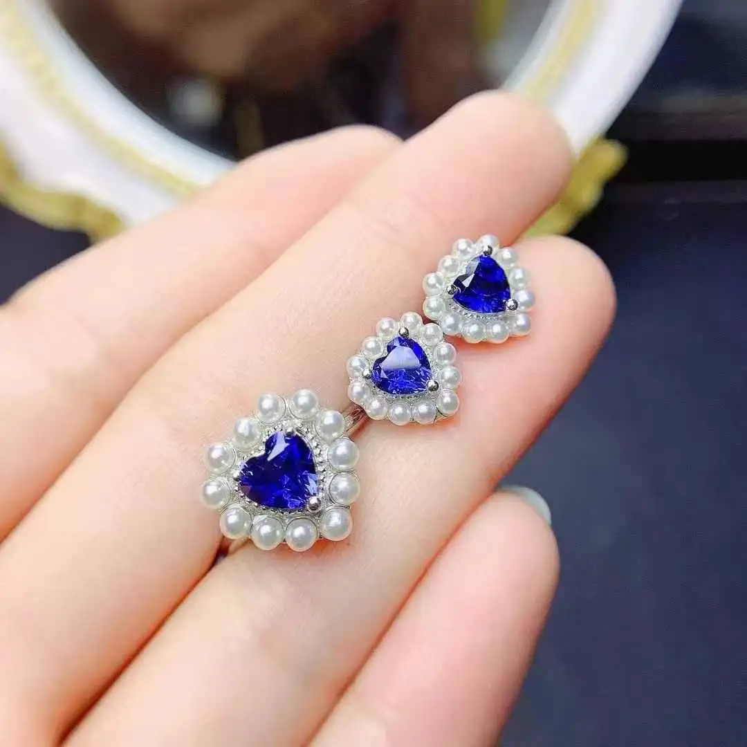 Love Heart Sapphire Set Natural Real Sapphire 925 Sterling Silver Vintage Women Anniversary set 1pc ring,2pcs earrings