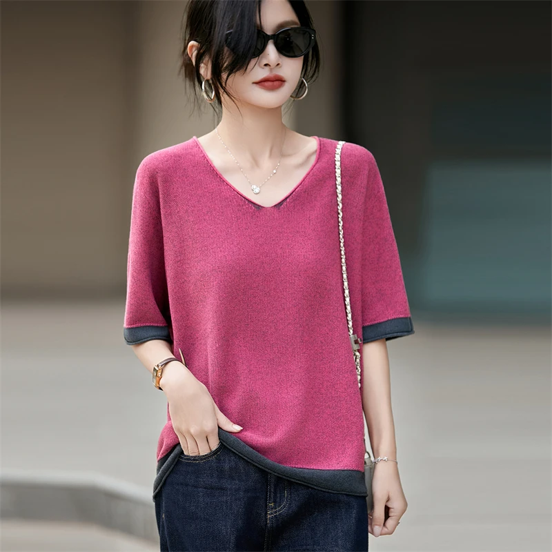 Summer New Women's Short Sleeve Casual V-neck Knitted T-shirt Women's Color blocked Pullover Short Sleeve Fashion Hot Sale