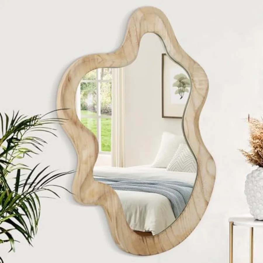 

Large Asymmetrical Wall Mirror Irregular Wood Frame Mirror Modern Unique Wall-Mounted Artistic Wavy Mirror Decor Bathroom Vanit