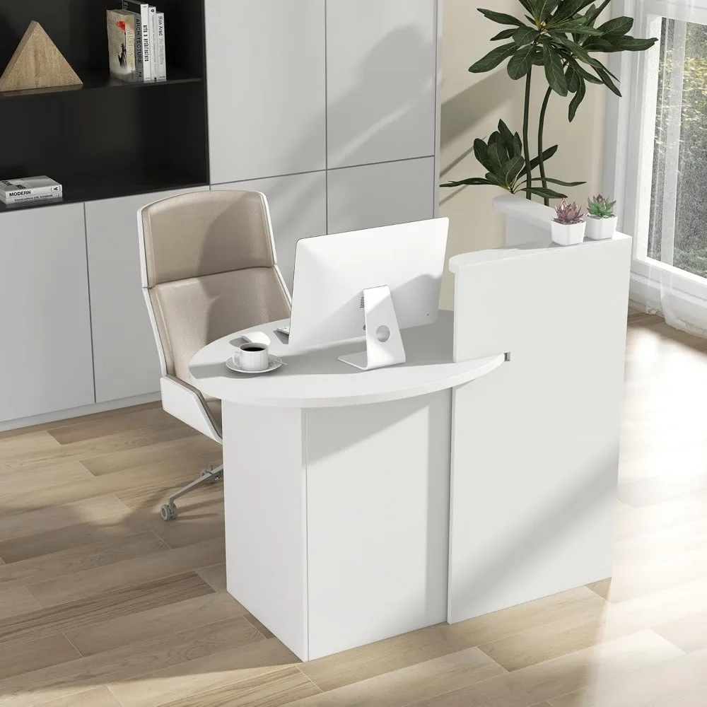 طاولة استقبال على شكل حرف L، مكتب بيع بالتجزئة مقاس 48 بوصة مع درج قابل للقفل ورف تخزين، مكتب كمبيوتر خشبي للصالون والمطعم #4