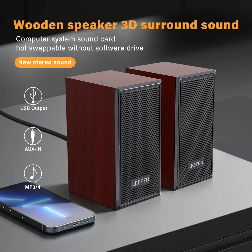 Computer desktop Wired wooden speakers USB-powered 3.5mm audio jack Surround sound 4D speakers Smartphone computer speakers