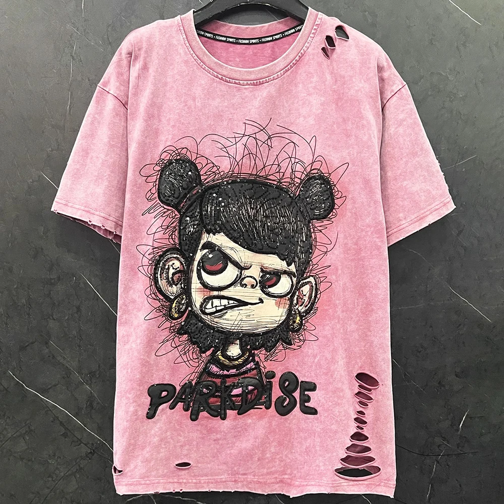 

Plus Size Tee Hollow Out Embroidery Sequined Cartoon Short Sleeved T-shirt Women Spring Summer New Loose Casual top