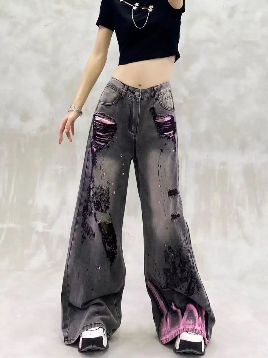 

Women's Black Gothic Jeans Baggy Y2K Japanese Harajuku High Street 2000S Style Aesthetic 90s Vintage Ripped Jeans Pants Clothing