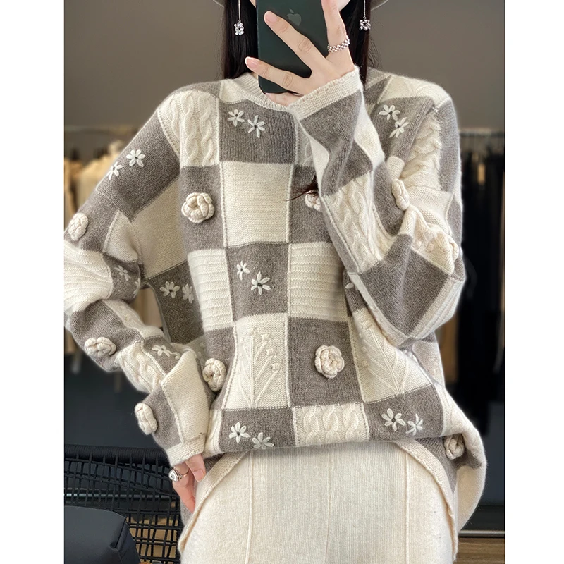 

100% Wool Sweater Women's Round Neck Heavy industry Three-Dimensional Hook Flower Loose Color Matching Reduced Age Pullover Tops