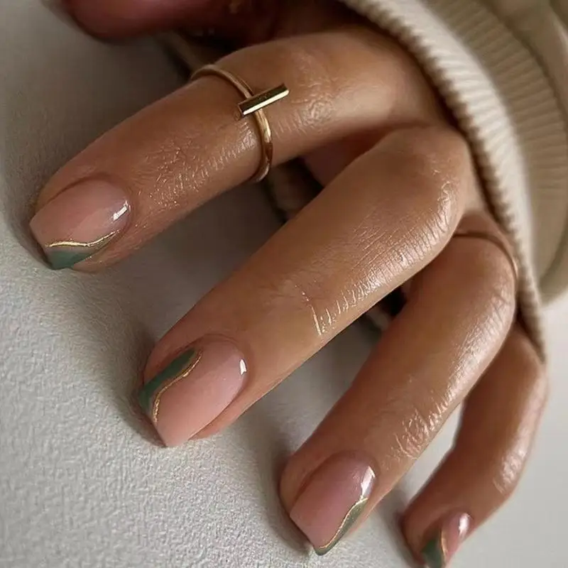 Q1FB 24 PCS Glossy False móng tay xoáy acrylic French Tip nhấn trên móng tay