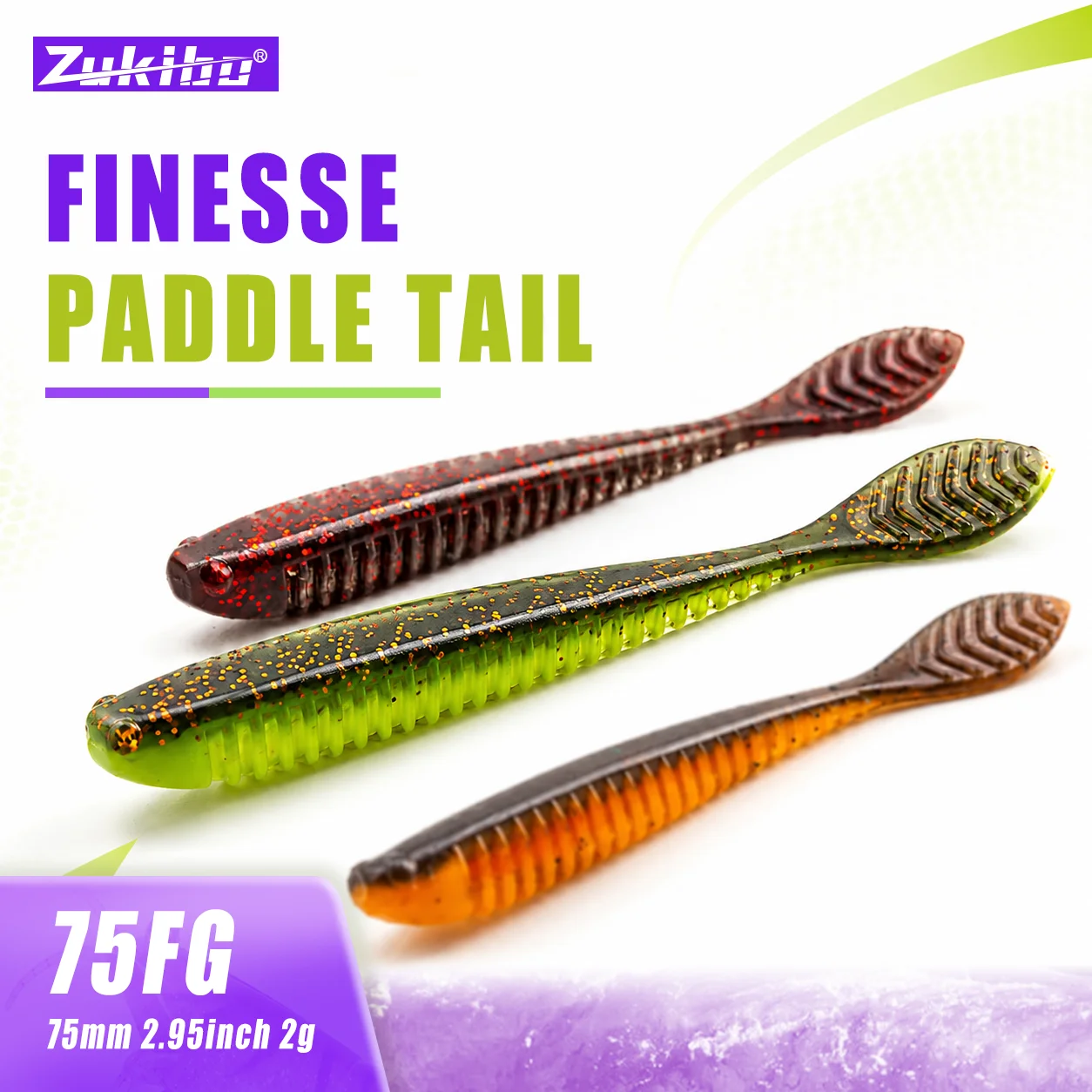 ZUKIBO 10PCS Finesse Paddle Tail Soft Lure Floating Ribbed Swimbait 75mm Drop Shot Fishing Lure for Bass Mandarin Fishing Tackle