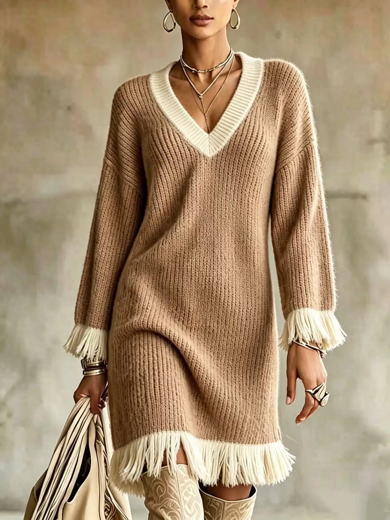 Women Tassel Patchwork Knit Dress Long Sleeve Oversized Colorant Match V Neck Fashion Dresses Casual Fall Winter Sweater Dress