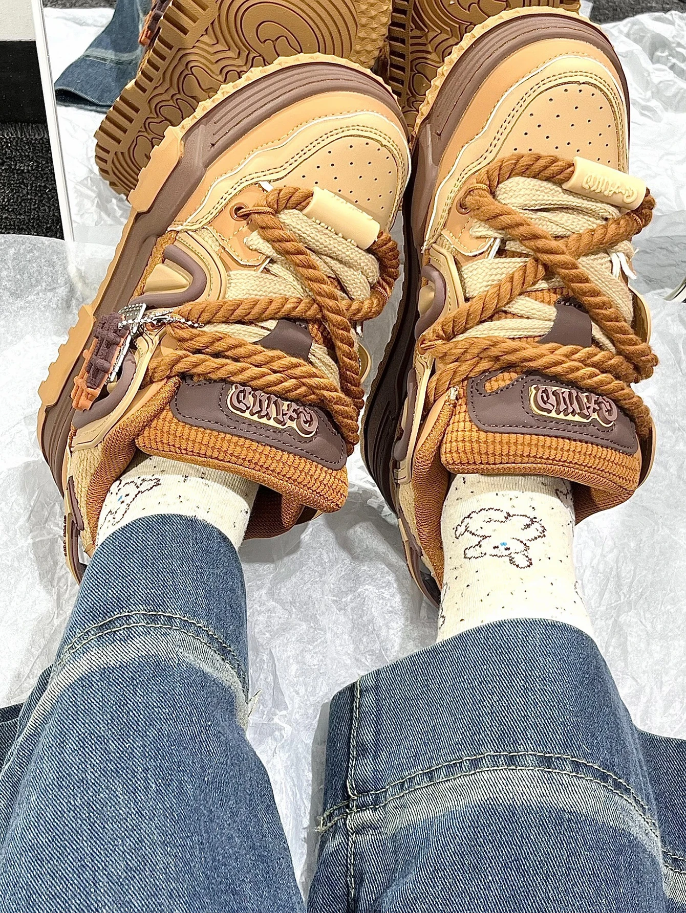 Unisex Vintage Platform Shoes Caramel Brown Waffle Charm Sneakers with Thick Elevated Sole and Non-Slip Grip for Everyday Wear