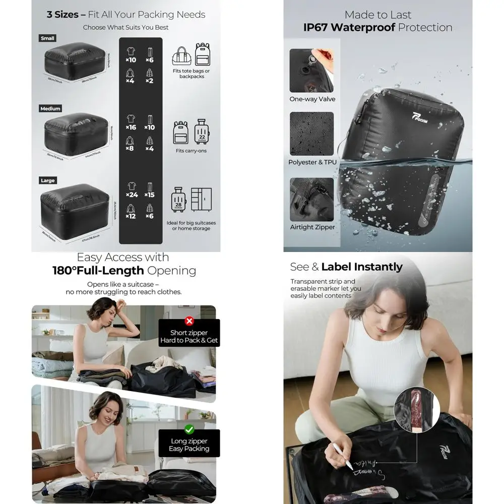 

Travel Vacuum Storage Bags with Wireless Pump, 180° Zipper, Waterproof, Reusable Compression for Luggage and Home