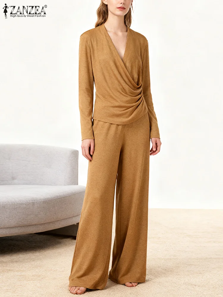 2025 ZANZEA Autumn Knitted Outfits Winter Women 2 Piece Sets Stylish V Neck Long Sleeve Tops Pant Sets Casual Tracksuit Street