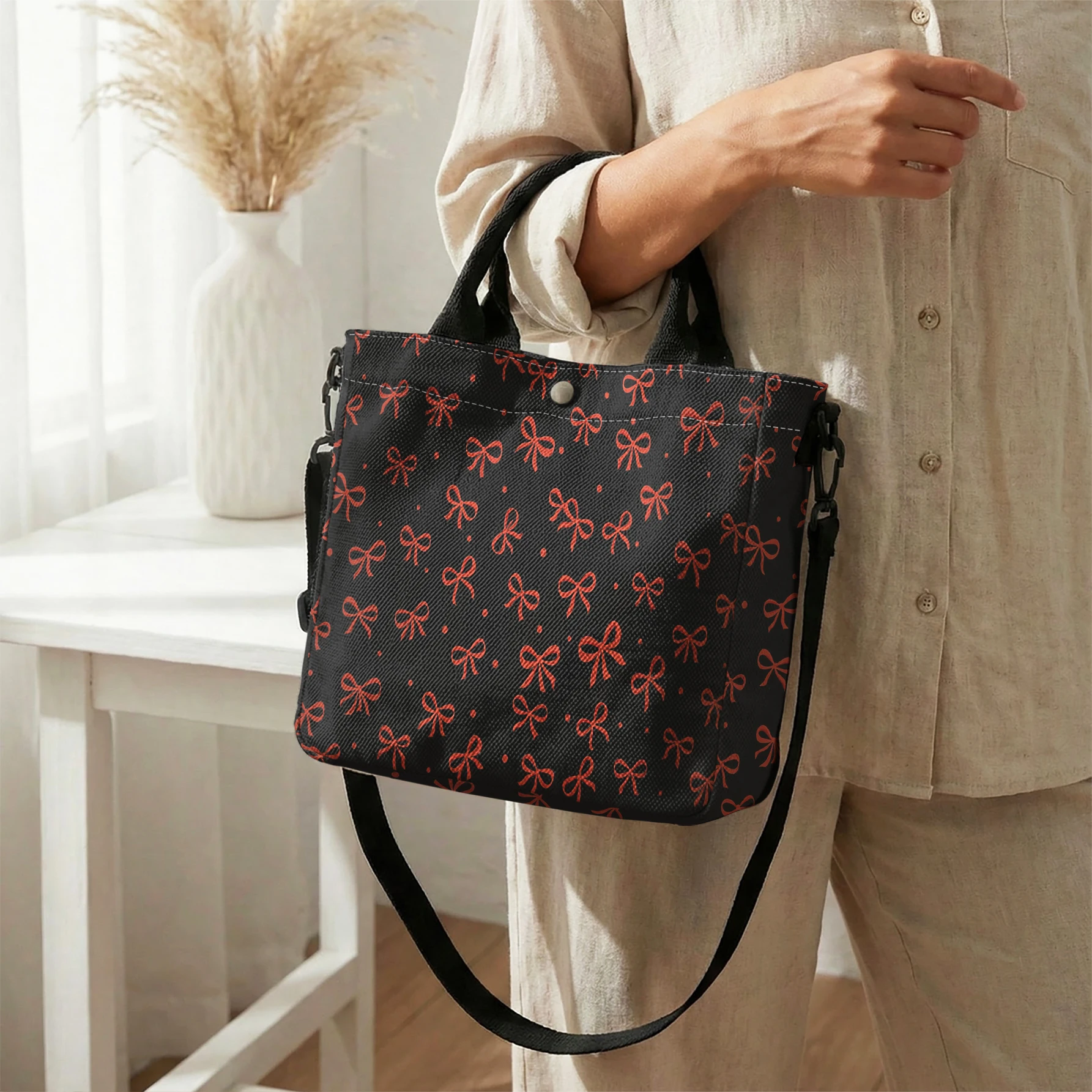 Red Bow Black Background Print Tote Bag Large Capacity Shoulder Bag For Shopping Travel Daily Use