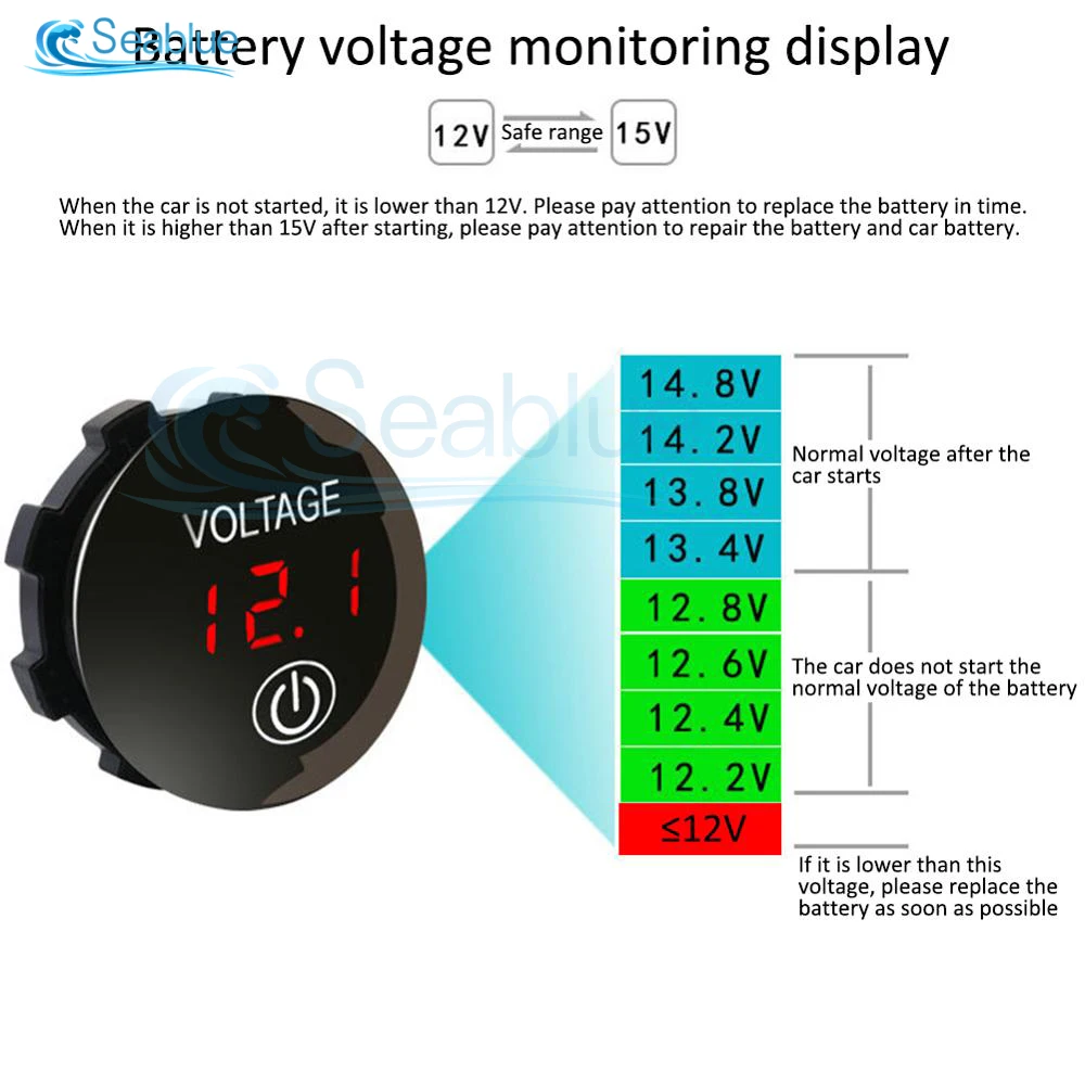 DC 12V 24V LED Digital Voltmeter Voltage Gauge Meter Battery Tester with Digital Touch Display Panel for Car Boat Marine