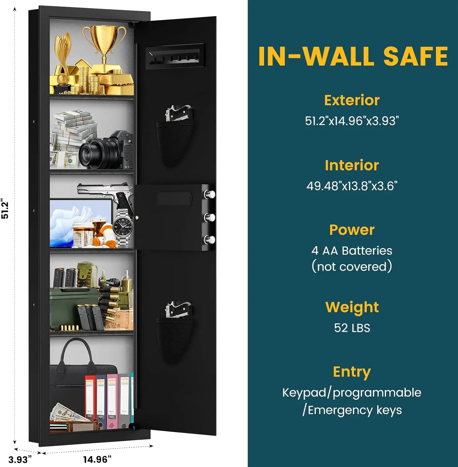 51.18" Tall Fireproof Wall Safes Between the Studs 16" Centers, Heavy Duty Combination Lock in Wall Safe with Removable Shelf, H