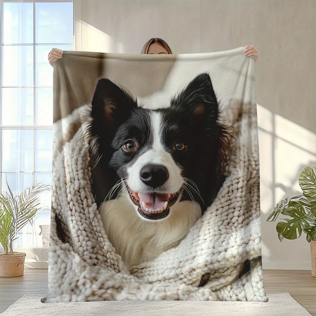 Sheepdog puppy face pattern Flannel printed blanket suitable for all seasons suitable for living room office sofa and travel