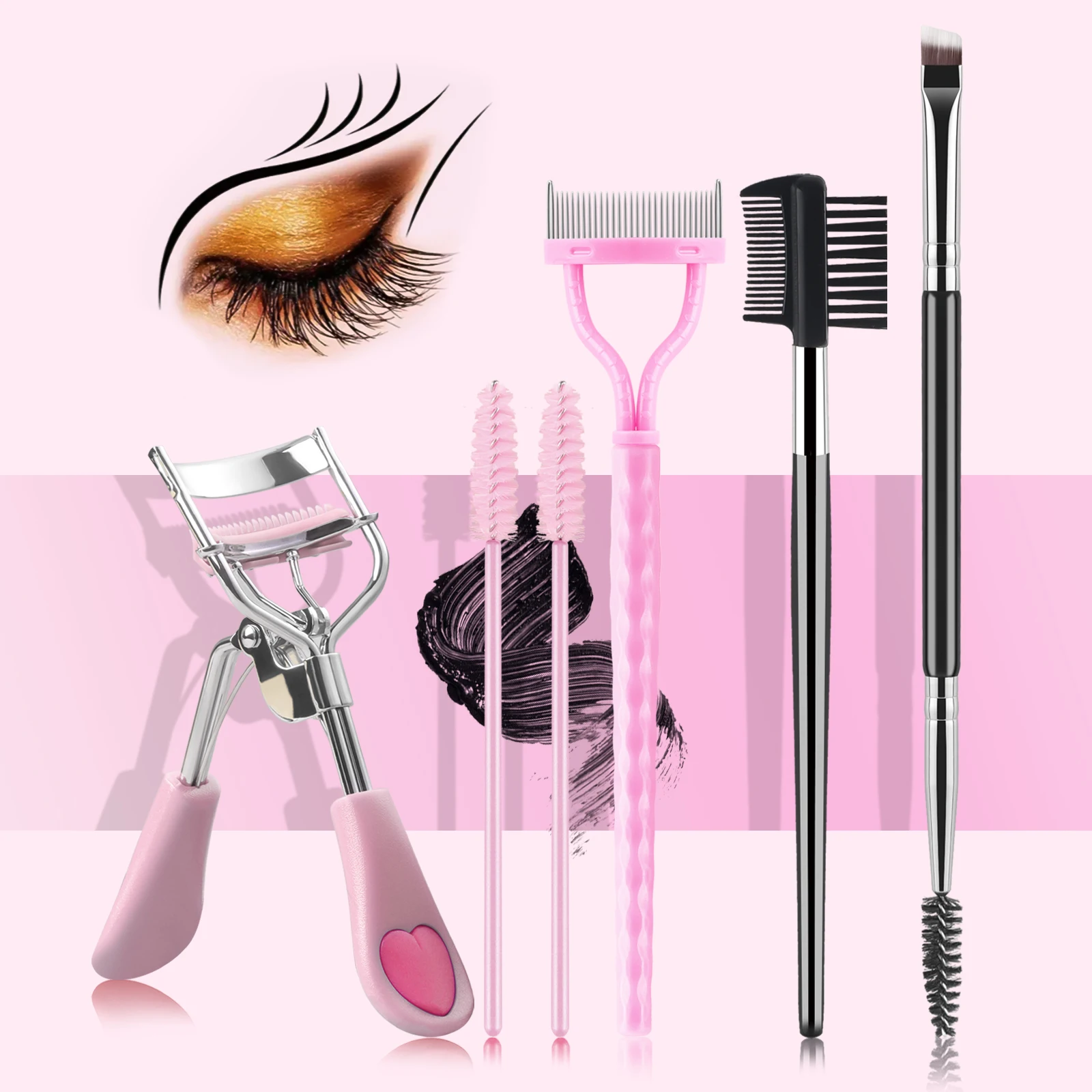 Piegaciglia Pettine per ciglia Pettine per sopracciglia a doppia estremità, Pennello per sopracciglia Set di strumenti di bellezza per donna Accessori per strumenti per il trucco degli occhi