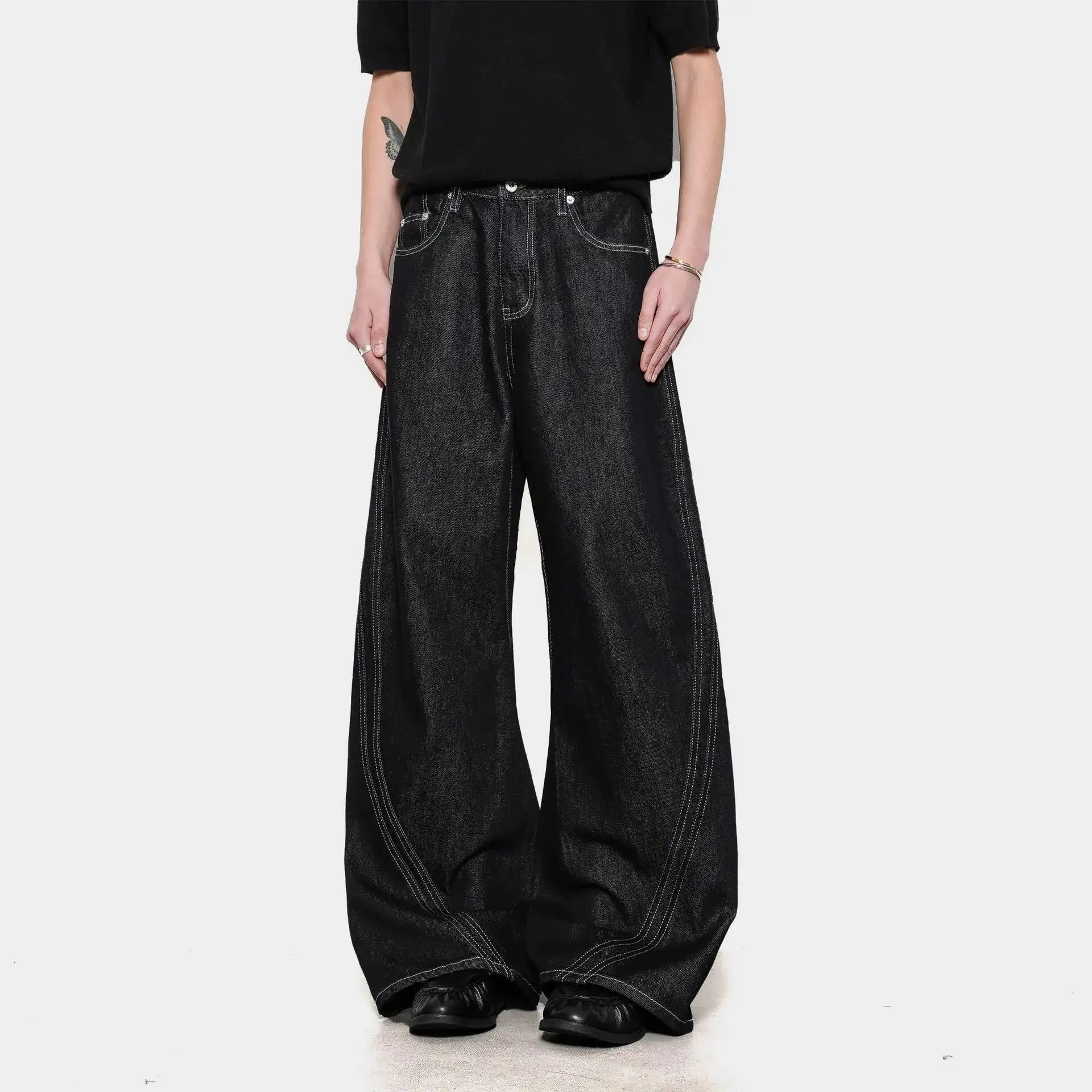 Men's Spliced Design Wide Leg Denim Pants Loose Fit American Style Casual Curved Pants 2026 New Chic Straight Jeans HGY78